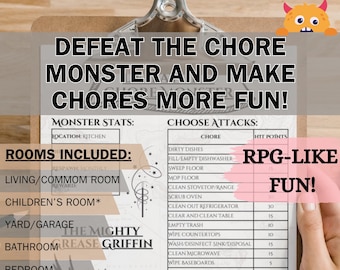 ADHD Chore Cleaning Checklist Game | Adults Children Chore Cleaning Challenge Monster RPG Game Defeat the Monster Chore Game Make Chores Fun