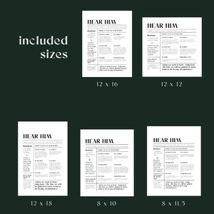 May include: A printable digital download of a black and white poster with the text "Hear Him" and a quote about seeking guidance from God. The poster is available in five different sizes: 12x16 inches, 12x12 inches, 12x18 inches, 8x10 inches, and 8x11.5 inches.