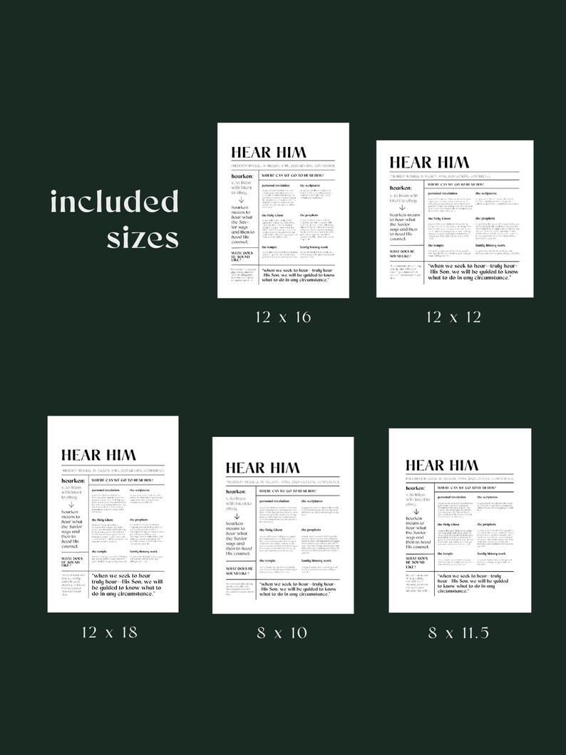 May include: A printable digital download of a black and white poster with the text "Hear Him" and a quote about seeking guidance from God. The poster is available in five different sizes: 12x16 inches, 12x12 inches, 12x18 inches, 8x10 inches, and 8x11.5 inches.