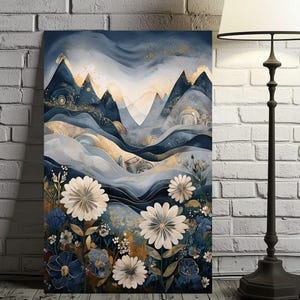 Golden Horizon Abstract Mountain Landscape with Wildflowers, Blue Gold Nature Wall Art Print, Elegant Navy Blue Home Decor Instant Download