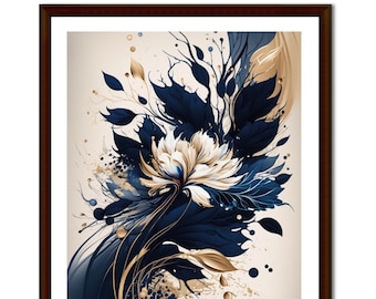 Abstract Flower in Navy Blue & Beige, Beige Background Wall Art, Navy Blu Large Painting Home Decor - Modern Printable Instant Download