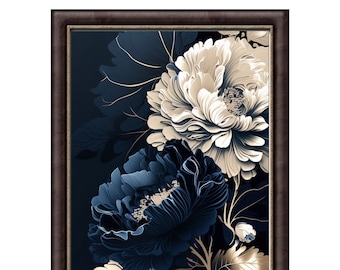 Navy Blue & Beige Abstract Flower, Black Background Art Modern Printable Wall Art, Navy Blu Large Painting Home Decor Instant Download