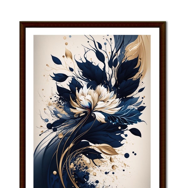 Abstract Flower in Navy Blue & Beige, Beige Background Wall Art, Navy Blu Large Painting Home Decor - Modern Printable Instant Download