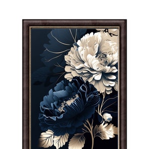Navy Blue & Beige Abstract Flower, Black Background Art Modern Printable Wall Art, Navy Blu Large Painting Home Decor Instant Download