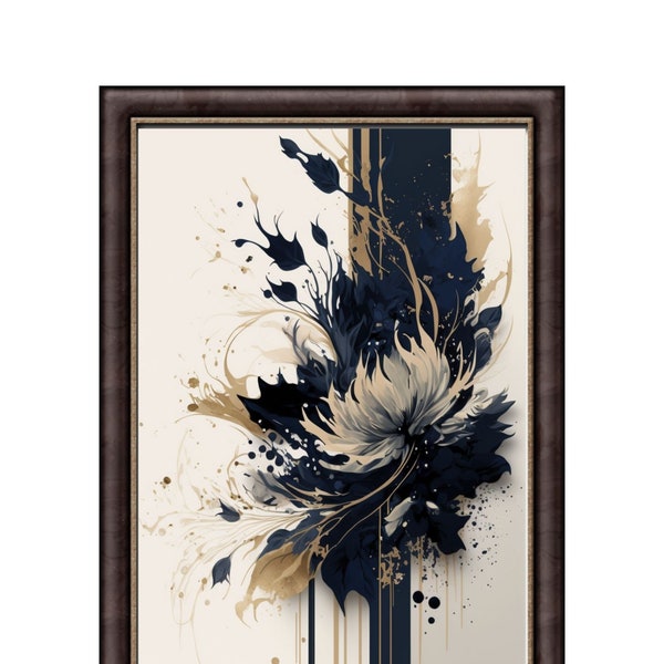 Navy Blue & Beige Abstract Flower, Beige Background Modern Printable Wall Art, Navy Blu Large Painting Home Decor Instant Download