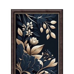 Navy Blue & Golden Beige Abstract Flower Wall Art - Beige Background Modern Printable Art, Navy Blu Painting Home Decor Instant Download