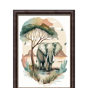 Safari Nursery Decor - Elephant in the savannah in pastel colors - Animal printable instant download