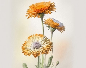Calendula Digital Print Wall Decor, Pastel colors floral home decor instant download, Calendulas modern art flower painting in earth colors