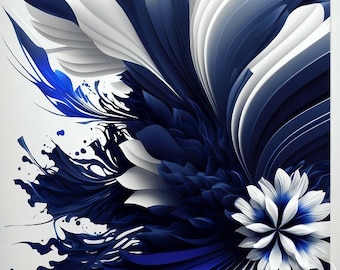 Navy Blue Abstract Flower, Wall Art Gray Background, Modern Printable Digital Art, Navy Blu Large Painting Home Decor - Instant Download