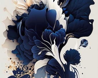 Navy Blue & Beige Abstract Flower, Gray Background Wall Art , Modern Printable Art, Navy Blu Large Painting Home Decor - Instant Download