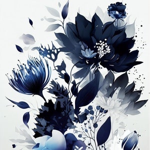 Navy Blue Flowers Abstract Wall Art, Gray Background Modern Printable Digital Art, Navy Blu Large Painting Home Decor Instant Download