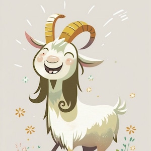 Cute Happy Goat Printable Cartoon style digital art, Watercolor Wall art, Child Decor Instant Download, Kids Room Decor, Nursery Art Decor