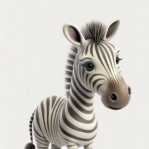 Cute Printable Zebra 3D Cartoon style digital art, Wall art, Child Decor Instant Download, Kids Room Decor, Nursery Art Decor