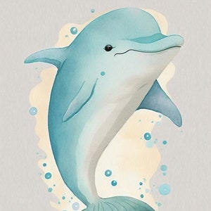 Cute Dolphin Printable Cartoon style digital art, Watercolor Wall art, Child Decor Instant Download, Kids Room Decor, Nursery Art Decor