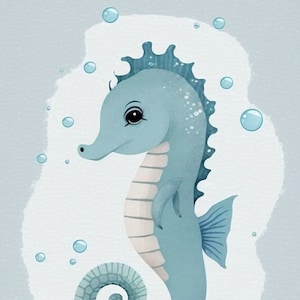 Cute Seahorse Printable Cartoon style digital art, Watercolor Wall art, Child Decor Instant Download, Kids Room Decor, Nursery Art Decor