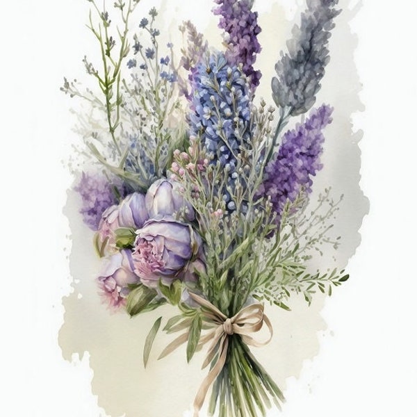 Lavender Bouquet Digital Print Wall Decor, Pastel colors floral home decor instant download, Modern art flower painting in earth colors