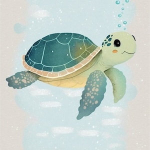 Cute Sea Turtle Printable Cartoon style digital art, Watercolor Wall art, Child Decor Instant Download, Kids Room Decor, Nursery Art Decor