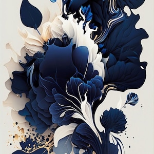 Navy Blue & Beige Abstract Flower, Gray Background Wall Art , Modern Printable Art, Navy Blu Large Painting Home Decor - Instant Download