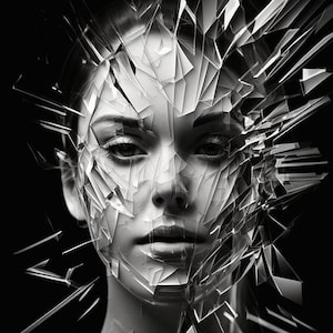 Art numérique imprimable de portrait de verre de visage de belle femme, art abstrait de mur, noir et blanc, téléchargement instantané de décor à la maison