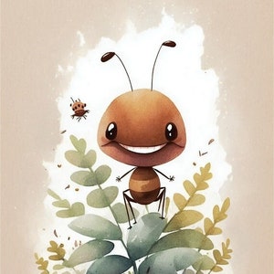 Cute Ant Printable Cartoon style digital art, Watercolor Wall art, Child Decor Instant Download, Kids Room Decor, Nursery Art Decor