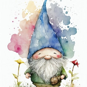Blue Hat Gnome afdrukbare aquarel kunst aan de muur, cartoon stijl digitale kunst, decor kind direct downloaden, decor kinderkamer, decor kinderkamer kunst