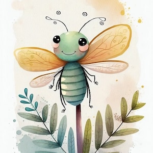 Cute Dragonfly Printable Cartoon style digital art, Watercolor Wall art, Child Decor Instant Download, Kids Room Decor, Nursery Art Decor