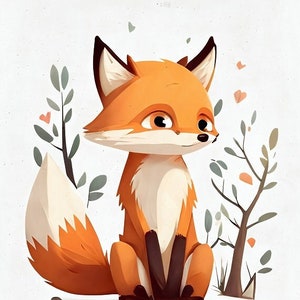 Cute Fox Cartoon printable digital Wall art, Child Decor Instant Download, Kids Room Decor, Nursery Art Decor fox watercolor painting