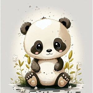 Cute Printable Panda Bear Cartoon style digital art, Watercolor Wall art, Child Decor Instant Download, Kids Room Decor, Nursery Art Decor