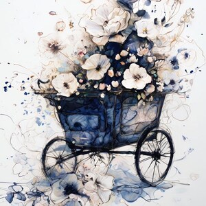 Abstrakter Aquarell Blumenwagen Kunstdruck - Vintage Blumenwanddekor, blaue und weiße botanische Malerei, Cottagecore Hauptästhetik