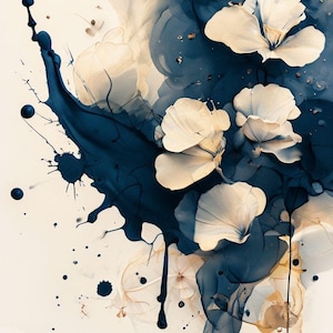 Arte murale astratta floreale blu navy – Stampa botanica con schizzi d&#39;inchiostro – Arte digitale minimalista moderna per l&#39;arredamento della casa