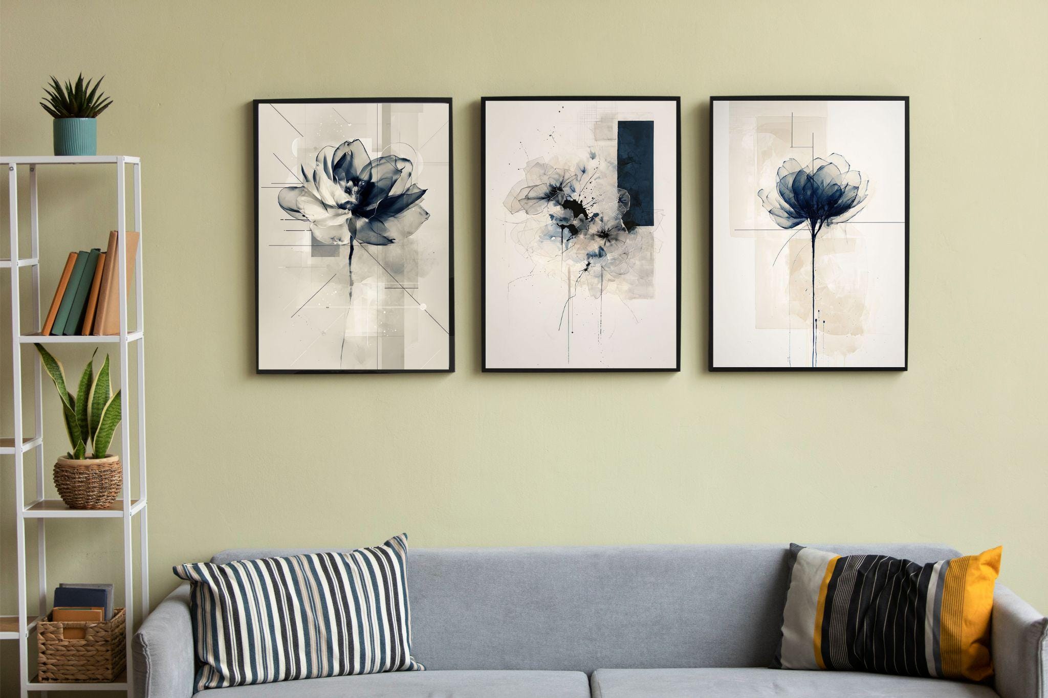 Navy Blue Abstract Floral Print Set: Modern Botanical Wall Art (digital ...