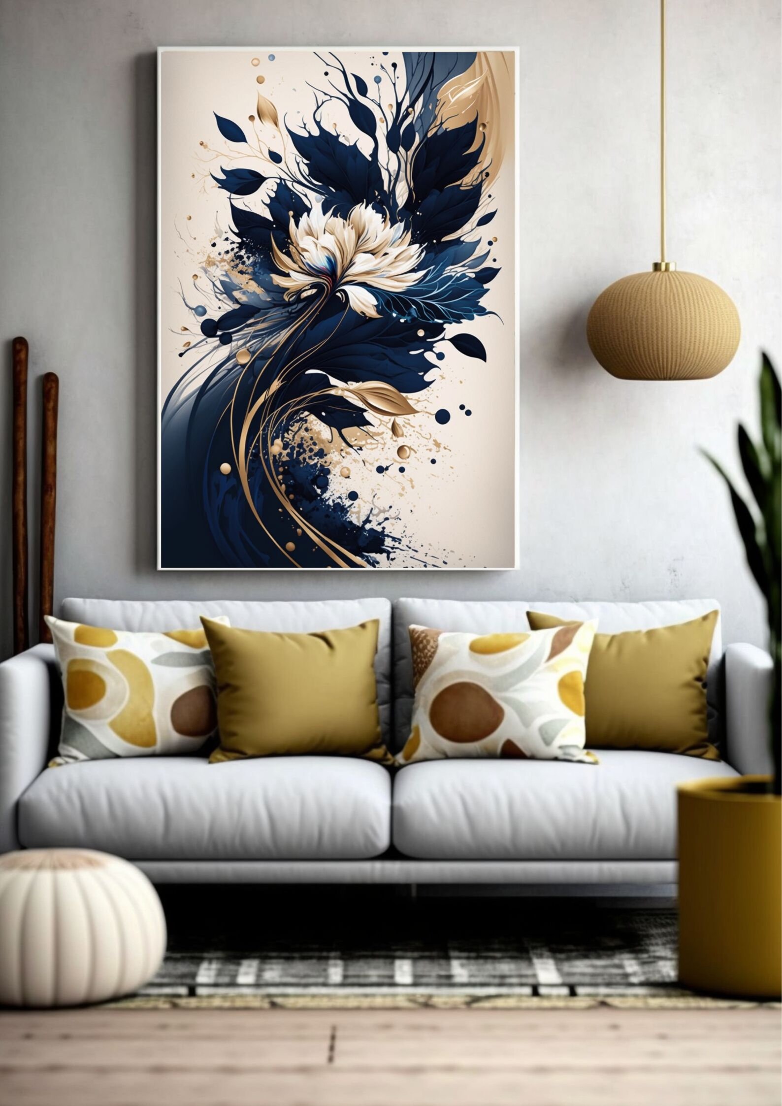 Abstract Flower in Navy Blue & Beige, Beige Background Wall Art, Navy ...