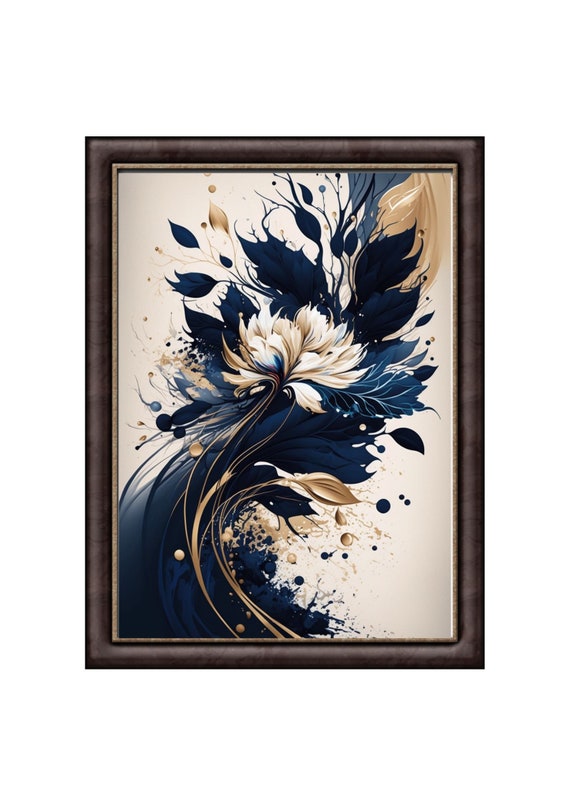 Abstract Flower in Navy Blue & Beige, Beige Background Wall Art 