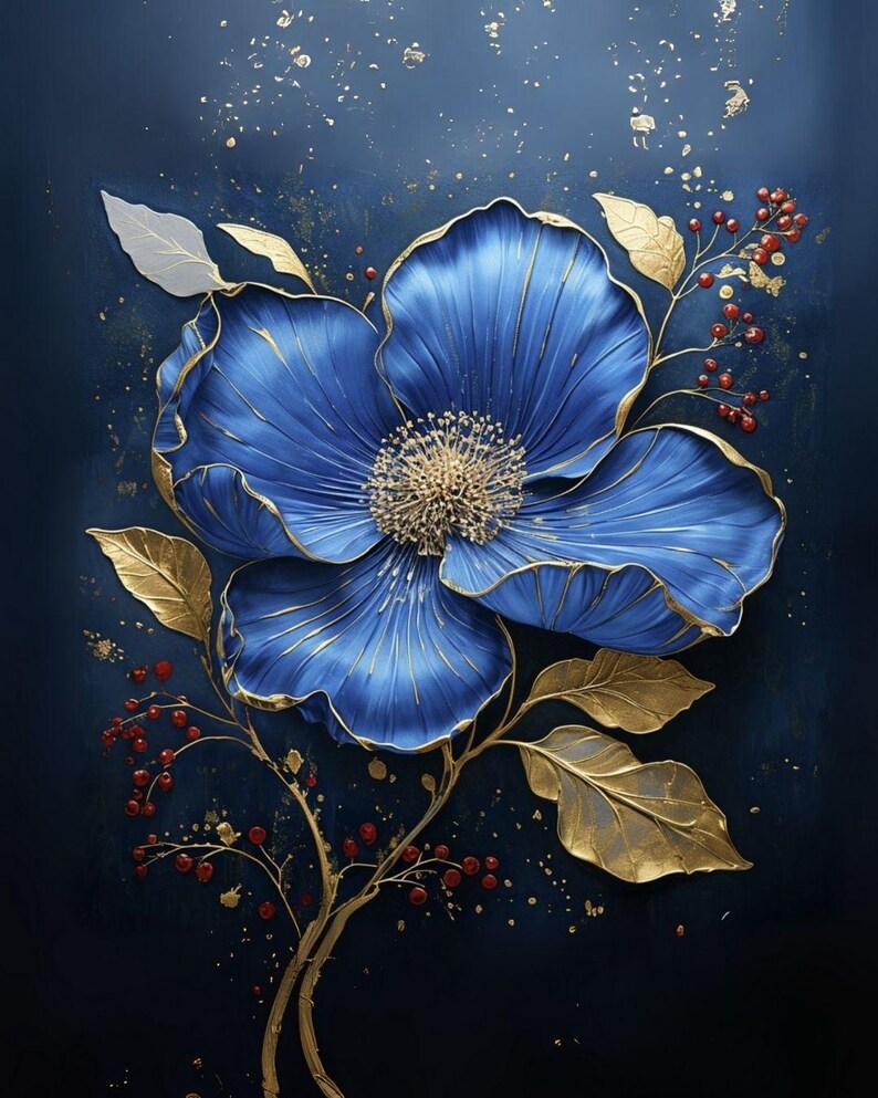 Blue & Gold Floral Wall Art: Elegant Botanical Print (digital Download ...