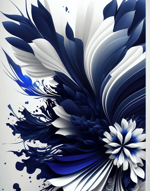 Navy Blue Abstract Flower, Wall Art Gray Background, Modern Printable