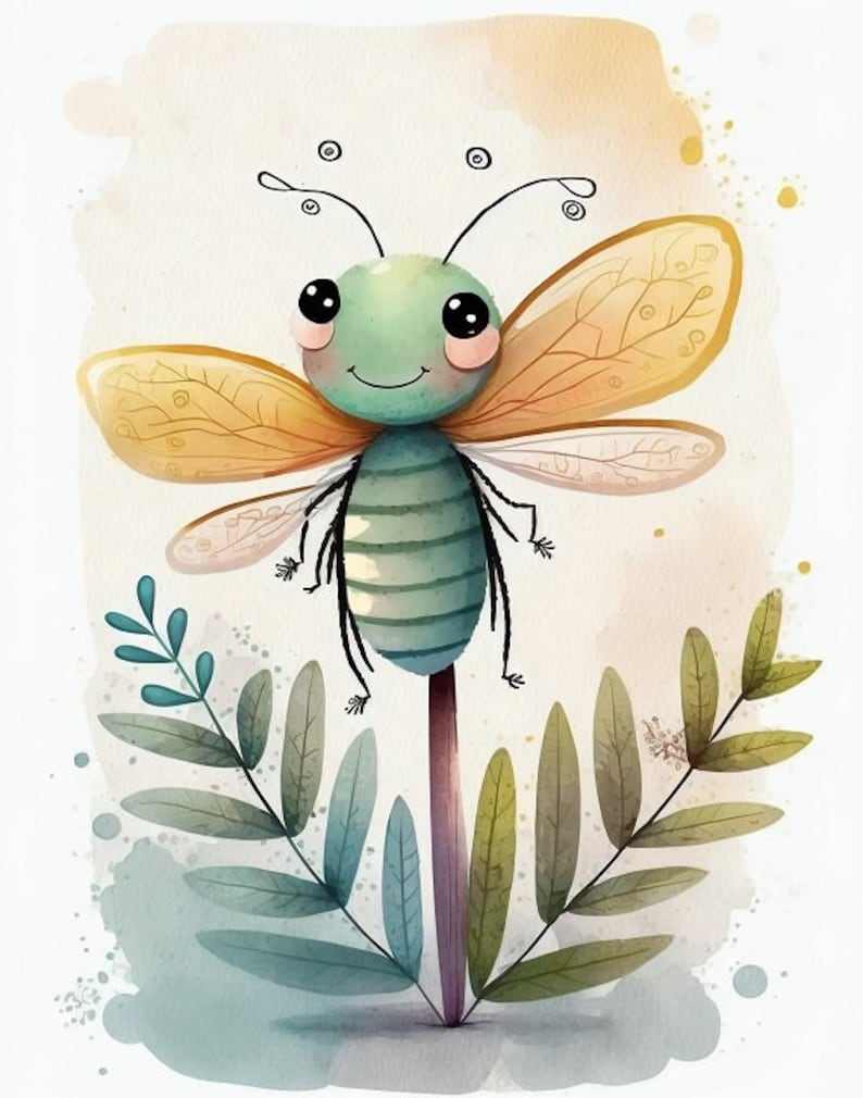Cute Dragonfly Printable Cartoon Style Digital Art, Watercolor Wall Art ...