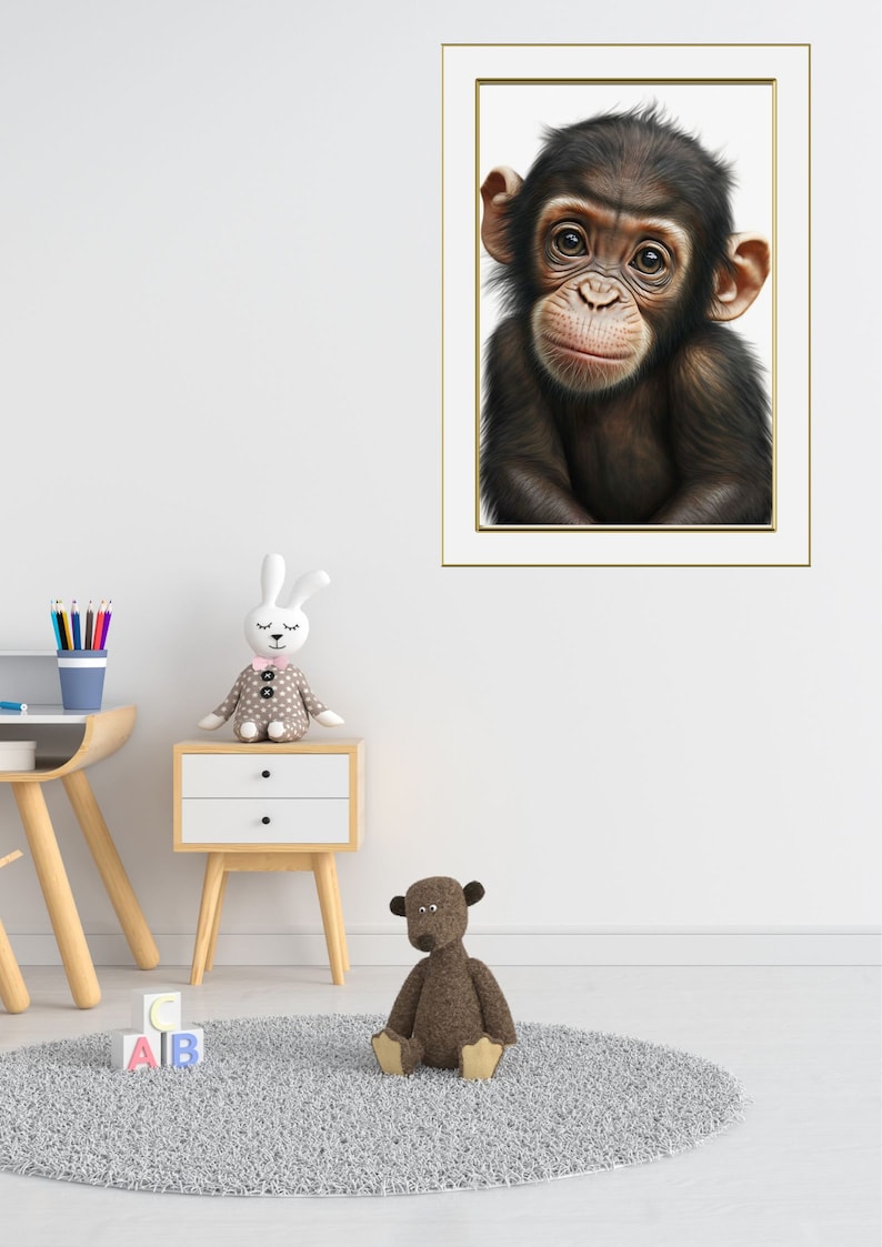 Cute Printable Monkey Wall Art, Baby Monkey Art Cartoon Style Digital
