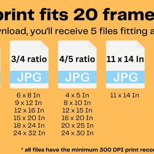 May include: A graphic showing 20 different frame sizes that a print can fit into. The graphic shows five different aspect ratios: 2/3, 3/4, 4/5, 11 x 14 inches, and ISO. Each aspect ratio has a list of different sizes in inches. The graphic also states that all files have a minimum 300 DPI print recommended resolution.