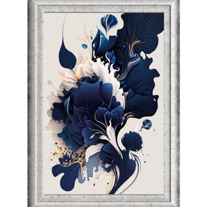May include: Abstract framed wall art featuring a blue and white floral design with gold accents. The artwork is framed in a silver frame.