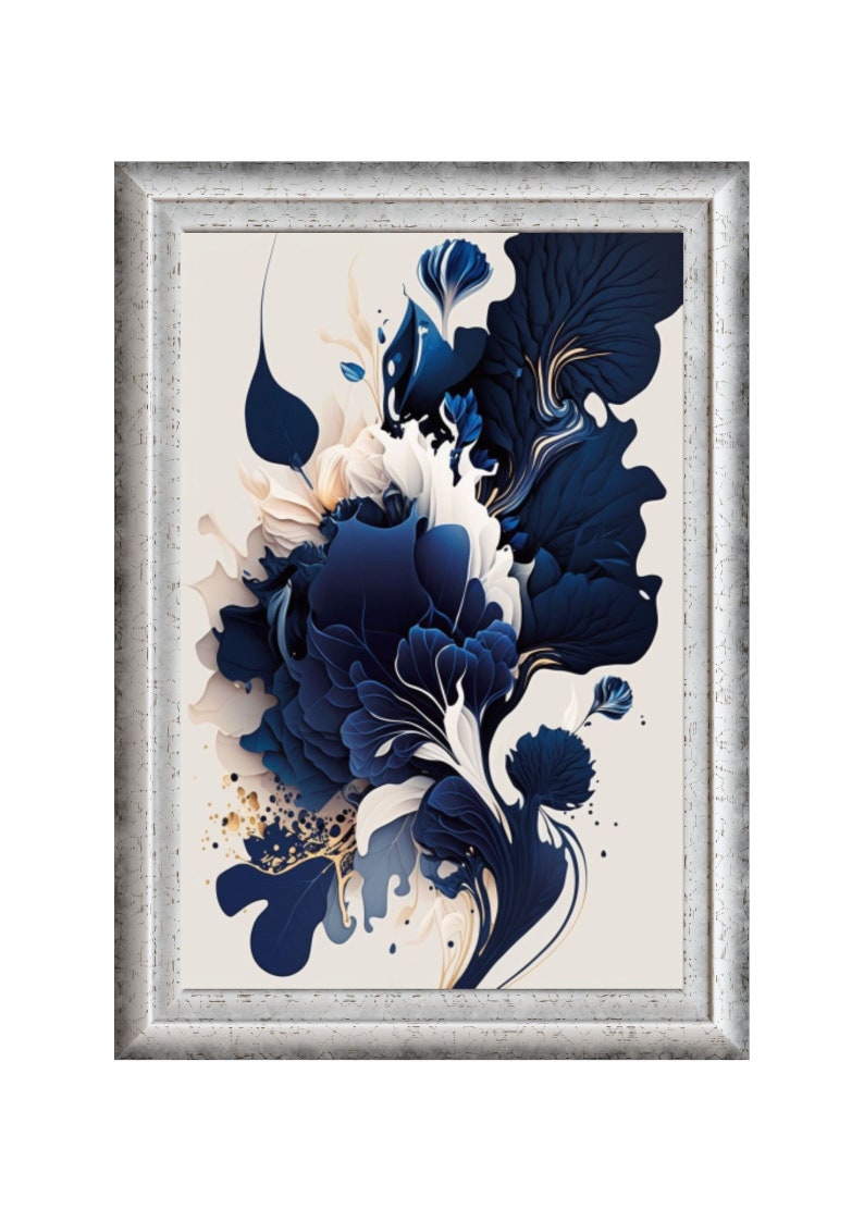 May include: Abstract framed wall art featuring a blue and white floral design with gold accents. The artwork is framed in a silver frame.