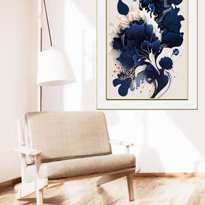 May include: A framed abstract art print with a blue, white, and gold color scheme. The print features a stylized floral design with swirling shapes and textures.