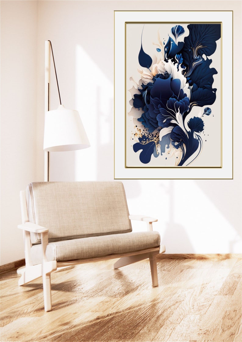 May include: A framed abstract art print with a blue, white, and gold color scheme. The print features a stylized floral design with swirling shapes and textures.