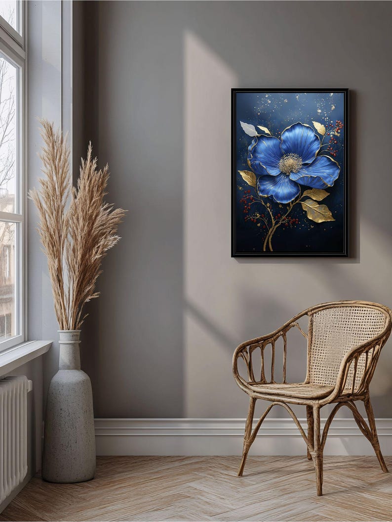 Blue & Gold Floral Wall Art: Elegant Botanical Print (digital Download ...