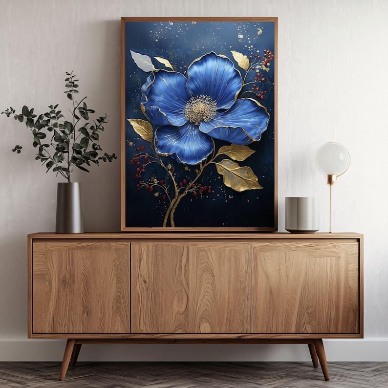 Blue & Gold Floral Wall Art: Elegant Botanical Print (digital Download ...