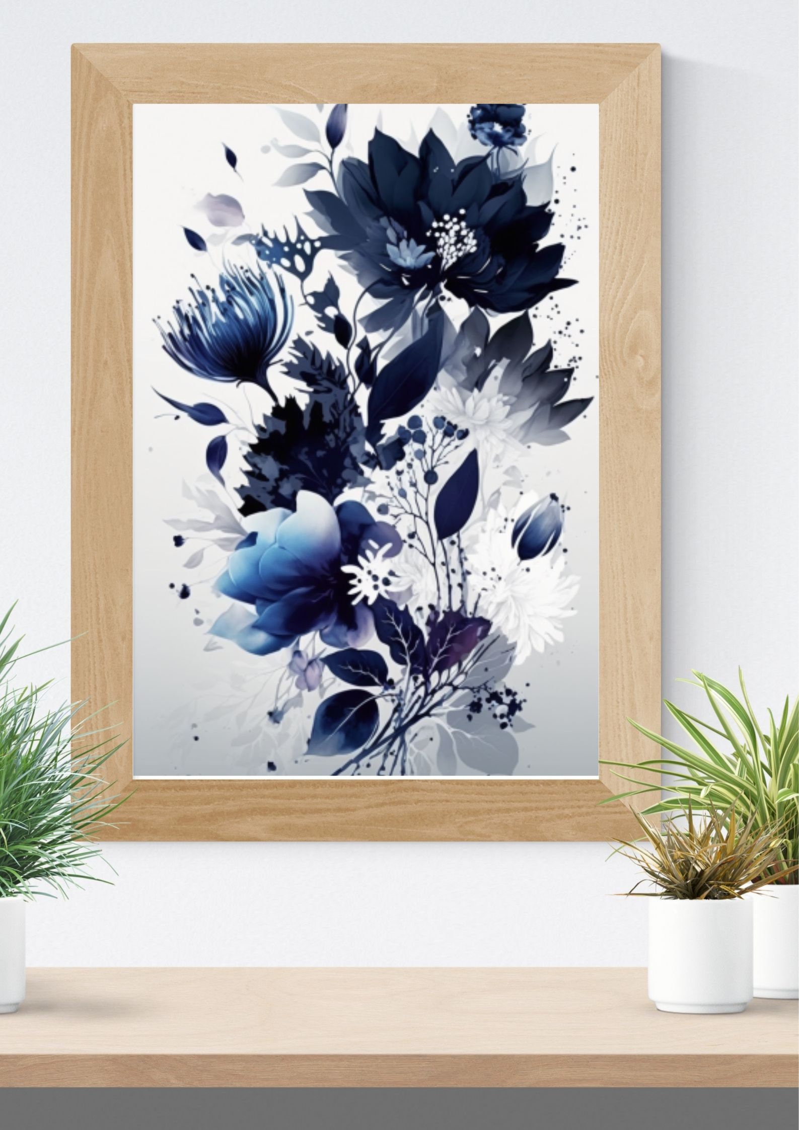 Navy Blue Flowers Abstract Wall Art, Gray Background Modern Printable