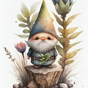 Green Hat Gnome afdrukbare Cartoon stijl digitale kunst, aquarel kunst aan de muur, decor kind direct downloaden, decor kinderkamer, decor kinderkamer kunst