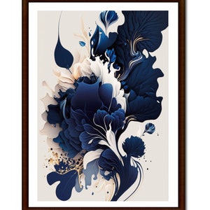 May include: Abstract art print featuring a blue and white floral design with gold accents. The artwork is framed in a dark brown frame.