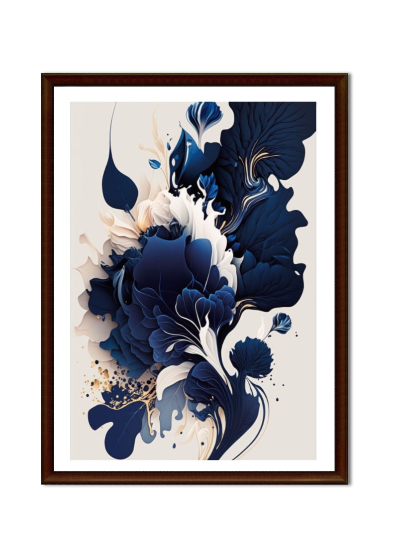 May include: Abstract art print featuring a blue and white floral design with gold accents. The artwork is framed in a dark brown frame.