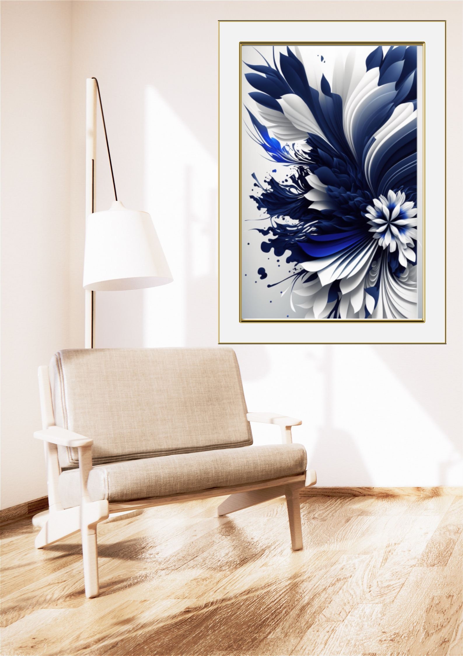 Navy Blue Abstract Flower, Wall Art Gray Background, Modern Printable