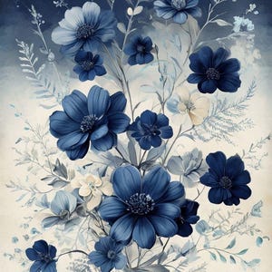 Vintage Blue Botanical Print – Watercolor Floral Wall Art – Digital Download Flower Poster for Home Decor